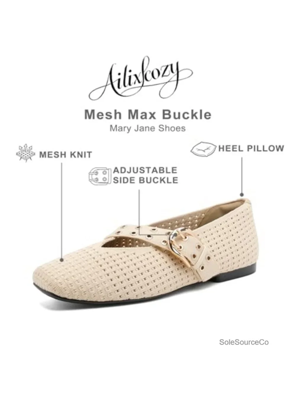 Women's Washable Mesh Ballet Flats Square Toe Mary Jane with Buckle Arch Support